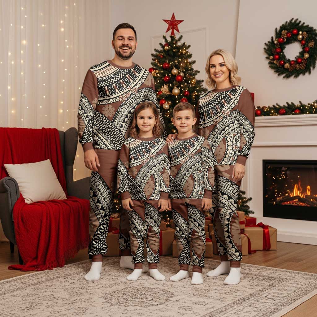 Bula Fiji Classic Masi Tapa Christmas Pajama Set Vintage Brown - Polynesian Pride