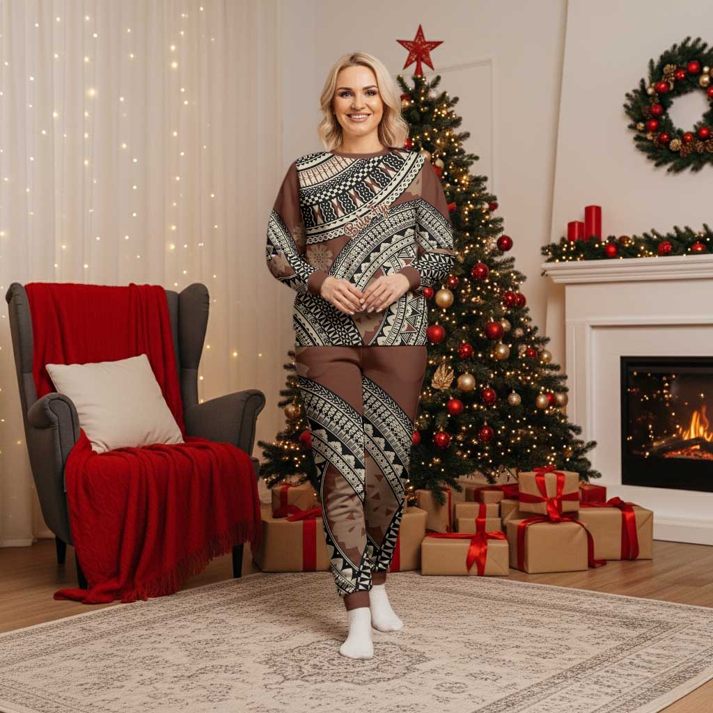 Bula Fiji Classic Masi Tapa Christmas Pajama Set Vintage Brown - Polynesian Pride