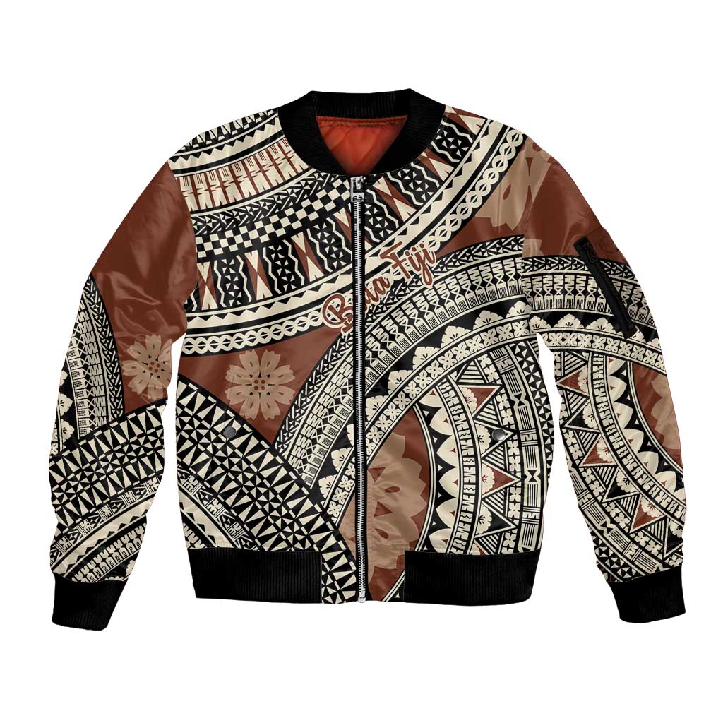Bula Fiji Classic Masi Tapa Sleeve Zip Bomber Jacket Vintage Brown - Polynesian Pride
