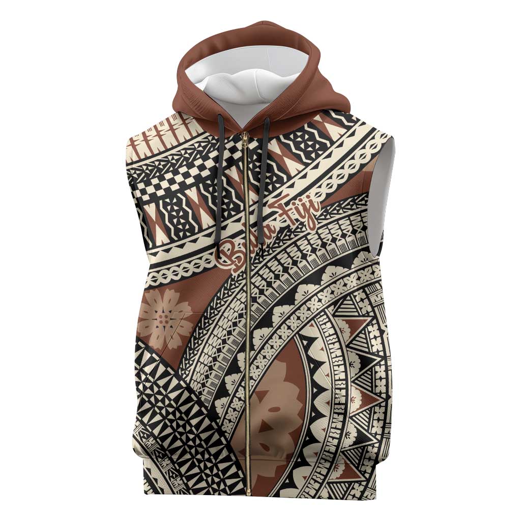 Bula Fiji Classic Masi Tapa Sleeveless Zip Hoodie Vintage Brown - Polynesian Pride