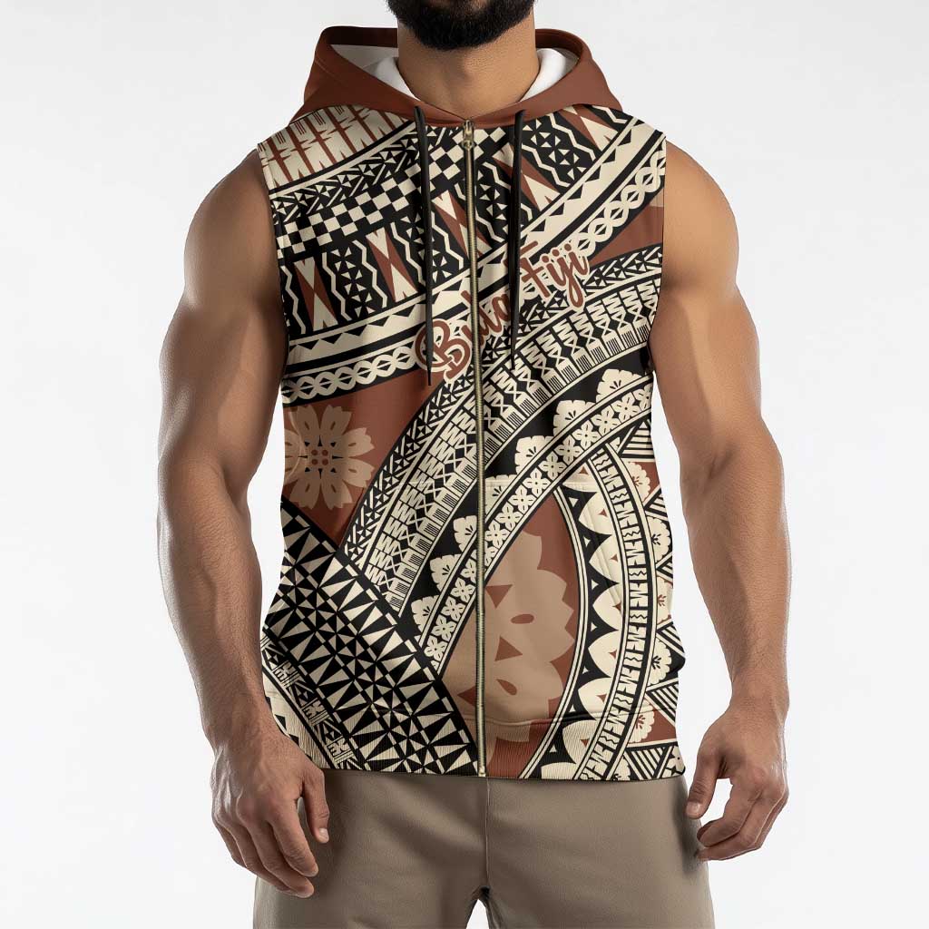 Bula Fiji Classic Masi Tapa Sleeveless Zip Hoodie Vintage Brown - Polynesian Pride