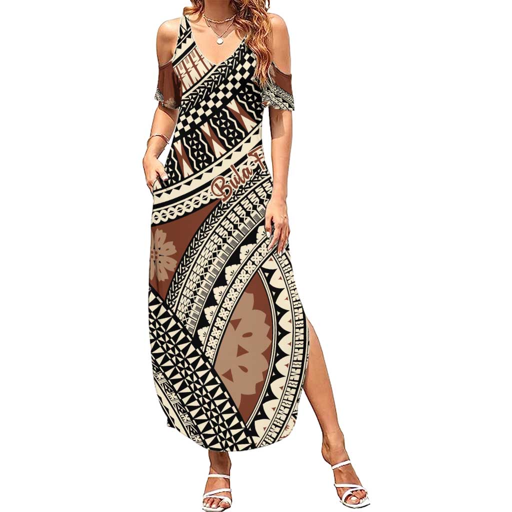 Bula Fiji Classic Masi Tapa Summer Maxi Dress Vintage Brown - Polynesian Pride