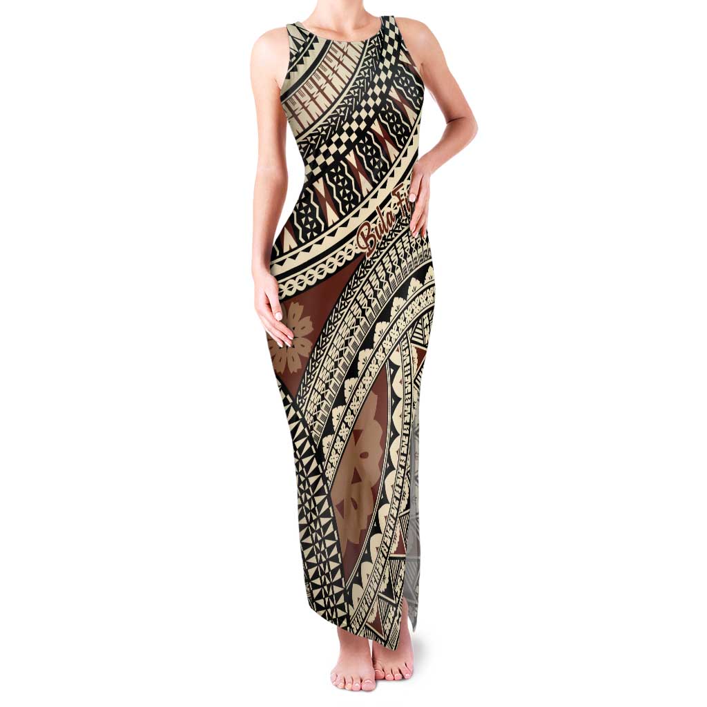Bula Fiji Classic Masi Tapa Tank Maxi Dress Vintage Brown - Polynesian Pride