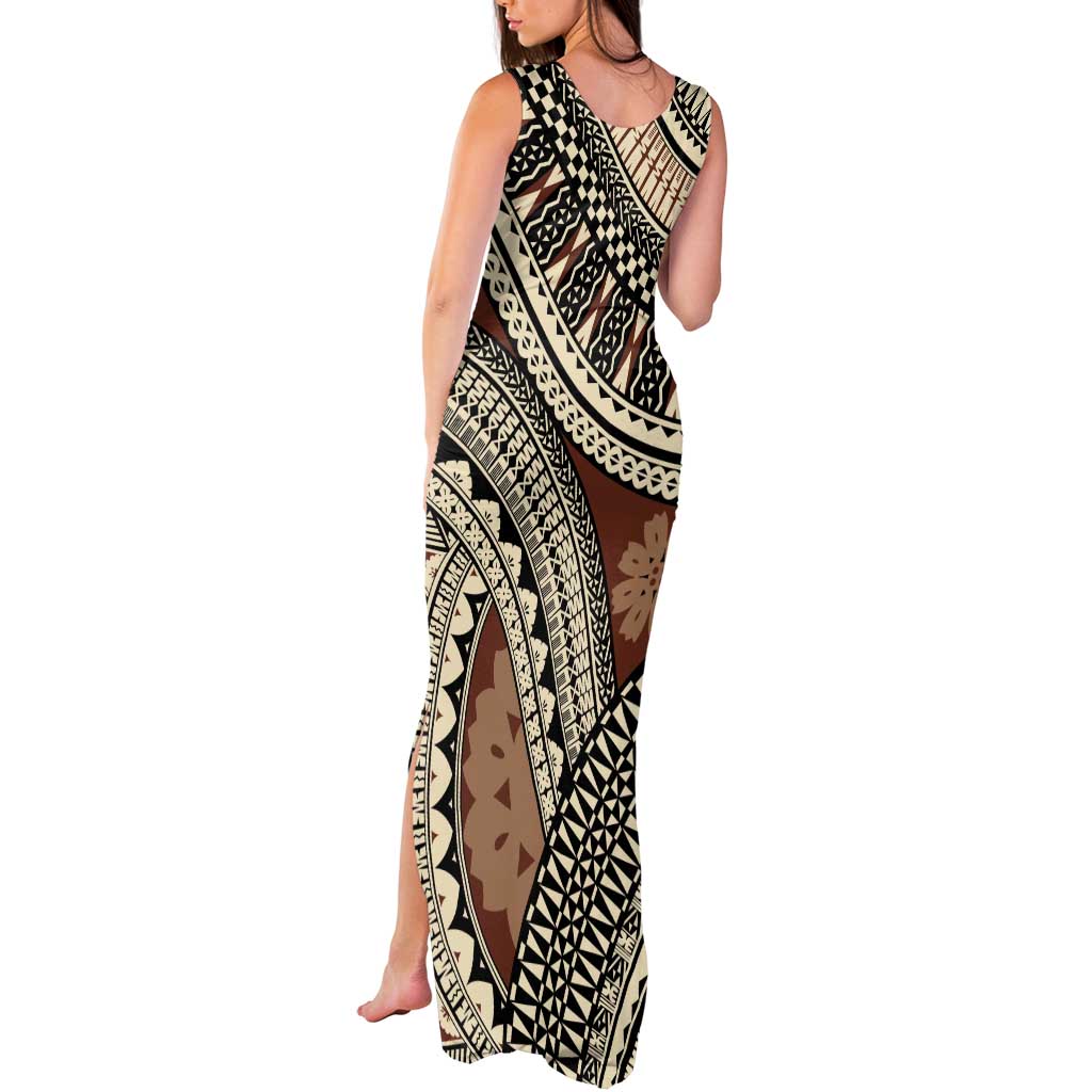Bula Fiji Classic Masi Tapa Tank Maxi Dress Vintage Brown - Polynesian Pride