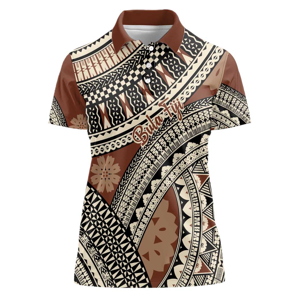 Bula Fiji Classic Masi Tapa Women Polo Shirt Vintage Brown - Polynesian Pride