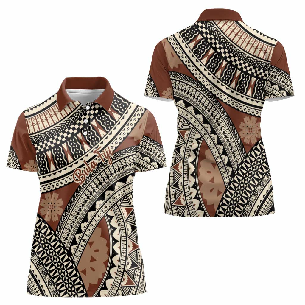 Bula Fiji Classic Masi Tapa Women Polo Shirt Vintage Brown - Polynesian Pride