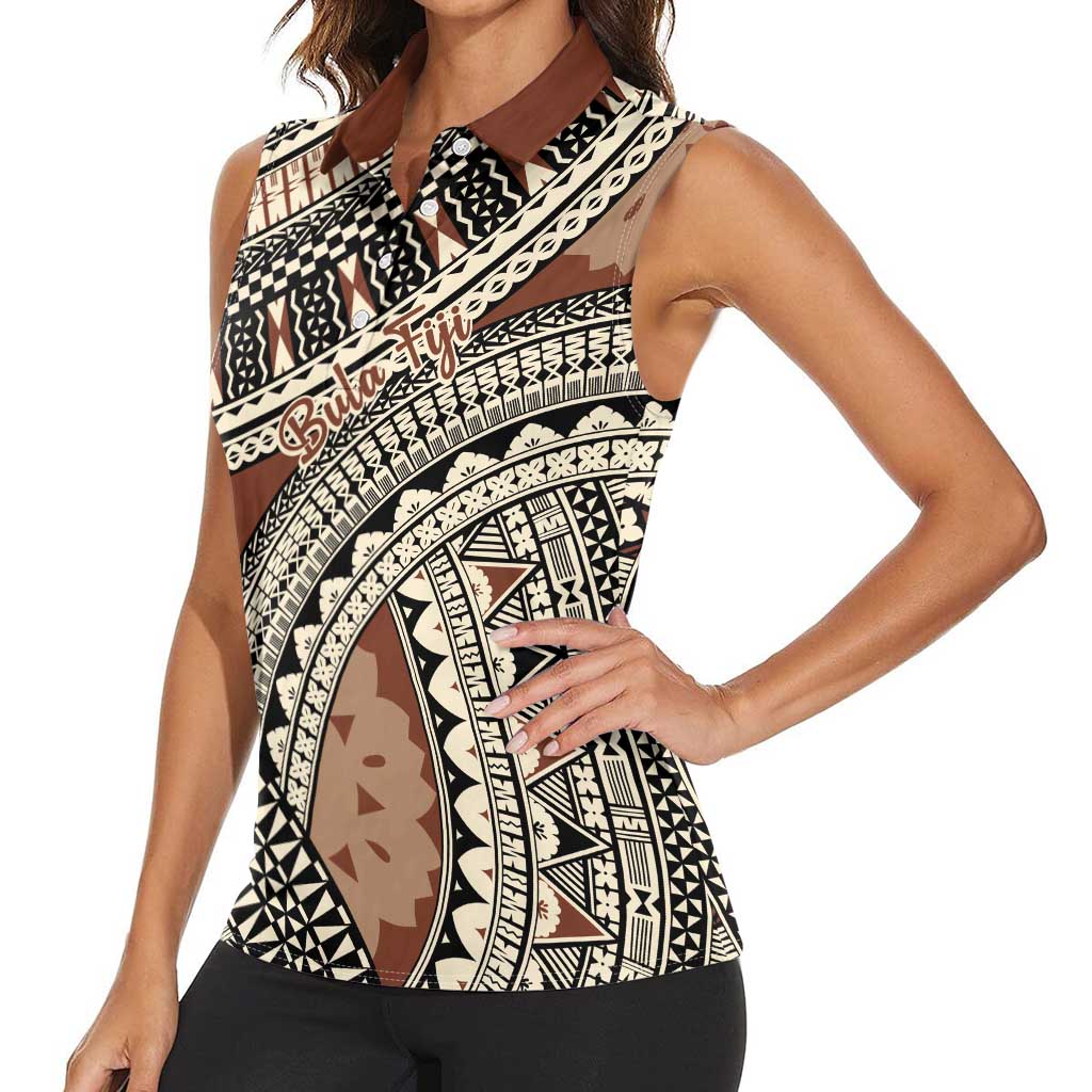 Bula Fiji Classic Masi Tapa Women Sleeveless Polo Shirt Vintage Brown - Polynesian Pride