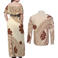 Bula Fiji Classic Masi Tapa Couples Matching Off Shoulder Maxi Dress and Long Sleeve Button Shirt Vintage Beige - Polynesian Pride