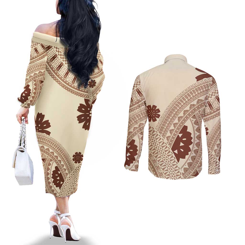 Bula Fiji Classic Masi Tapa Couples Matching Off The Shoulder Long Sleeve Dress and Long Sleeve Button Shirt Vintage Beige - Polynesian Pride