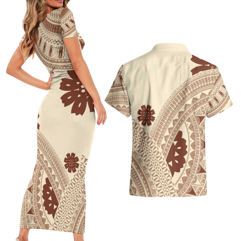 Bula Fiji Classic Masi Tapa Couples Matching Short Sleeve Bodycon Dress and Hawaiian Shirt Vintage Beige - Polynesian Pride