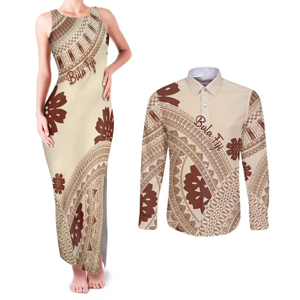 Bula Fiji Classic Masi Tapa Couples Matching Tank Maxi Dress and Long Sleeve Button Shirt Vintage Beige - Polynesian Pride