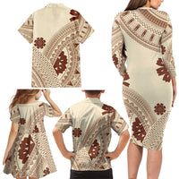 Bula Fiji Classic Masi Tapa Family Matching Long Sleeve Bodycon Dress and Hawaiian Shirt Vintage Beige - Polynesian Pride