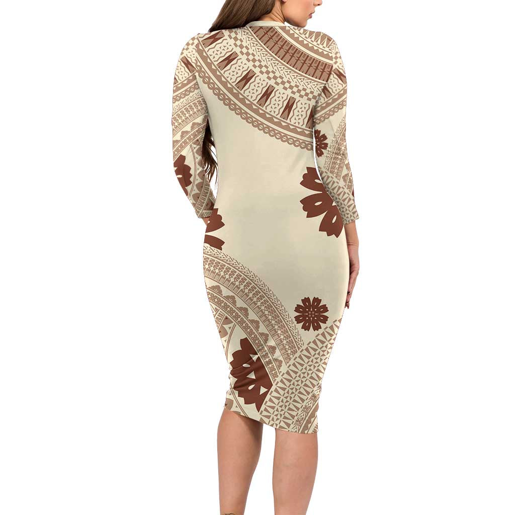 Bula Fiji Classic Masi Tapa Family Matching Long Sleeve Bodycon Dress and Hawaiian Shirt Vintage Beige - Polynesian Pride