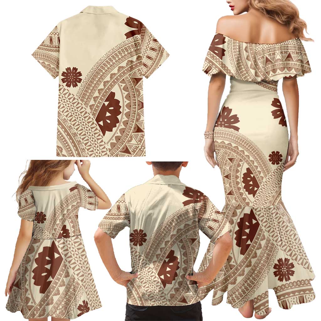 Bula Fiji Classic Masi Tapa Family Matching Mermaid Dress and Hawaiian Shirt Vintage Beige - Polynesian Pride