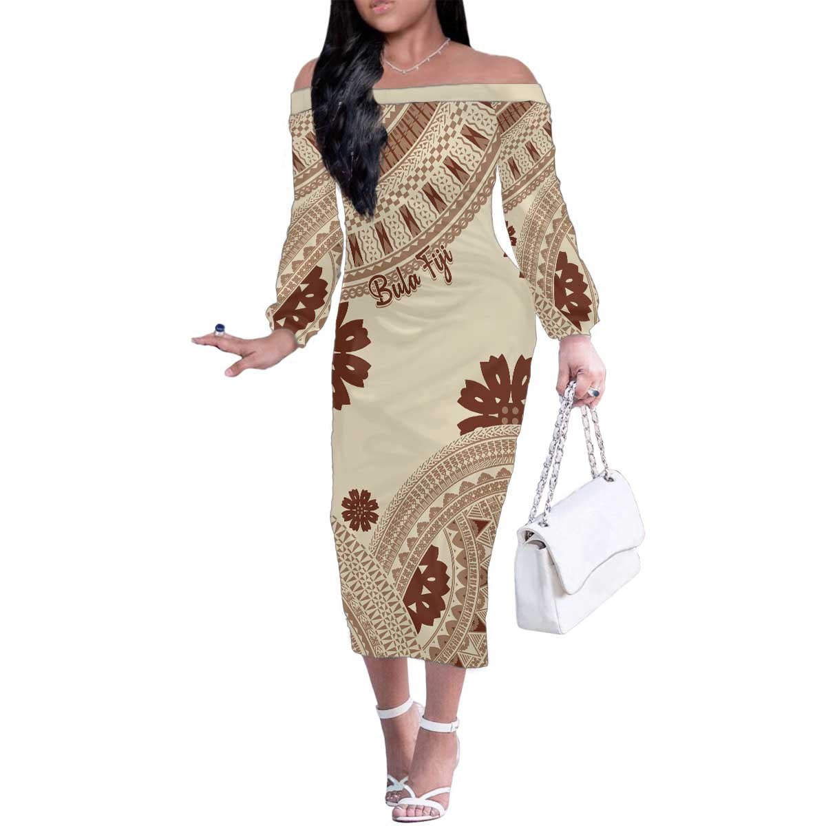 Bula Fiji Classic Masi Tapa Family Matching Off The Shoulder Long Sleeve Dress and Hawaiian Shirt Vintage Beige - Polynesian Pride