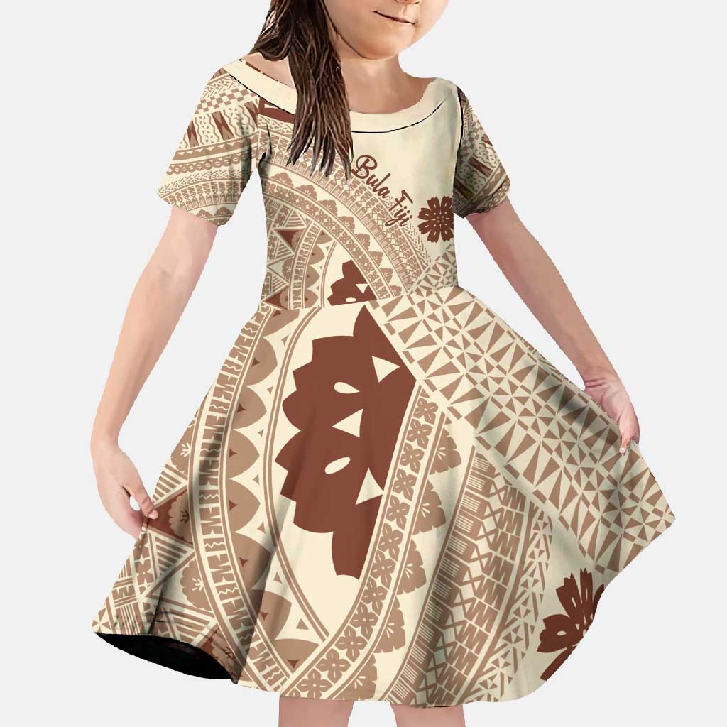 Bula Fiji Classic Masi Tapa Family Matching Off Shoulder Maxi Dress and Hawaiian Shirt Vintage Beige - Polynesian Pride