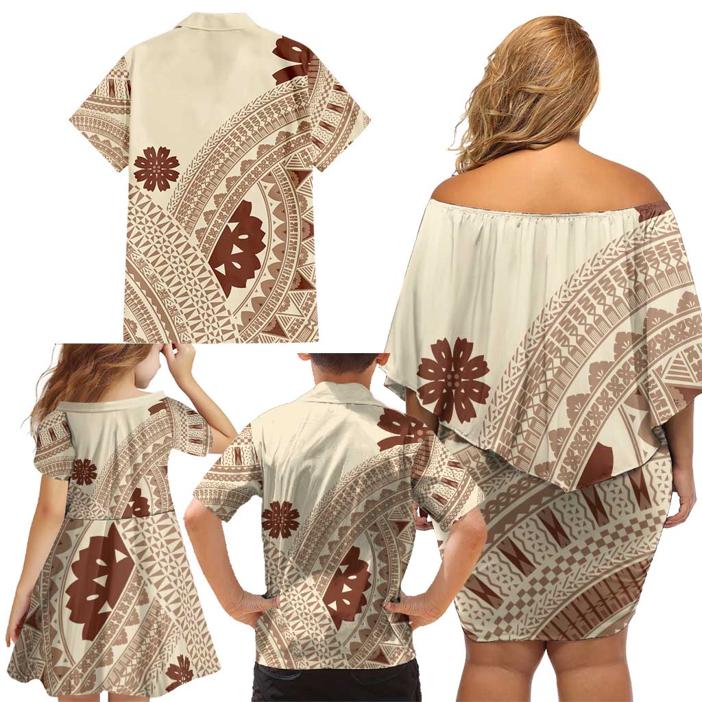 Bula Fiji Classic Masi Tapa Family Matching Off Shoulder Short Dress and Hawaiian Shirt Vintage Beige - Polynesian Pride