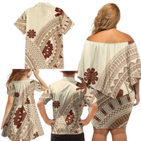Bula Fiji Classic Masi Tapa Family Matching Off Shoulder Short Dress and Hawaiian Shirt Vintage Beige - Polynesian Pride