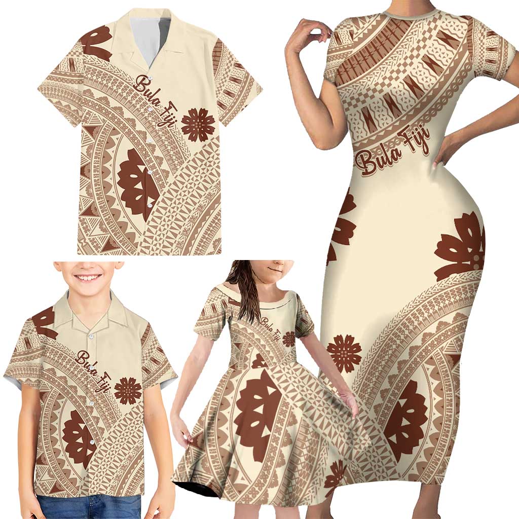 Bula Fiji Classic Masi Tapa Family Matching Short Sleeve Bodycon Dress and Hawaiian Shirt Vintage Beige - Polynesian Pride