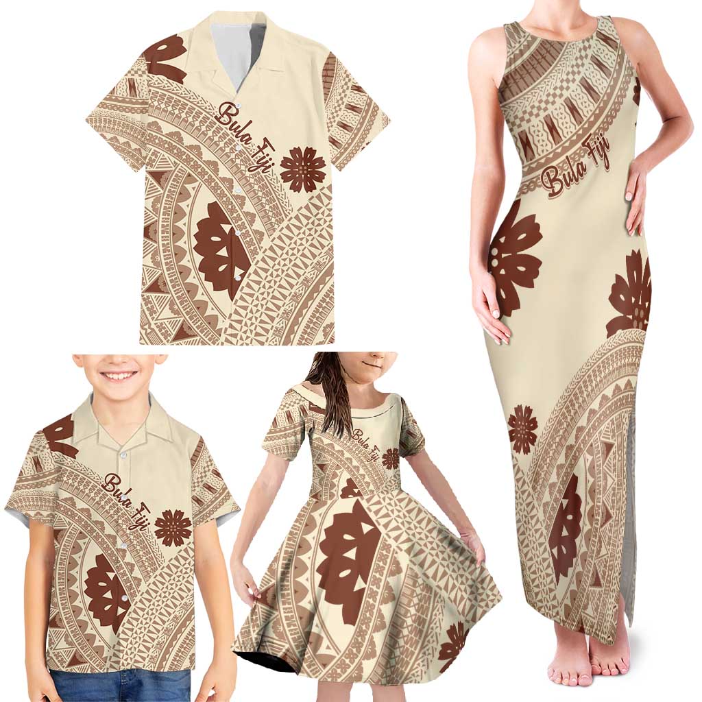 Bula Fiji Classic Masi Tapa Family Matching Tank Maxi Dress and Hawaiian Shirt Vintage Beige - Polynesian Pride