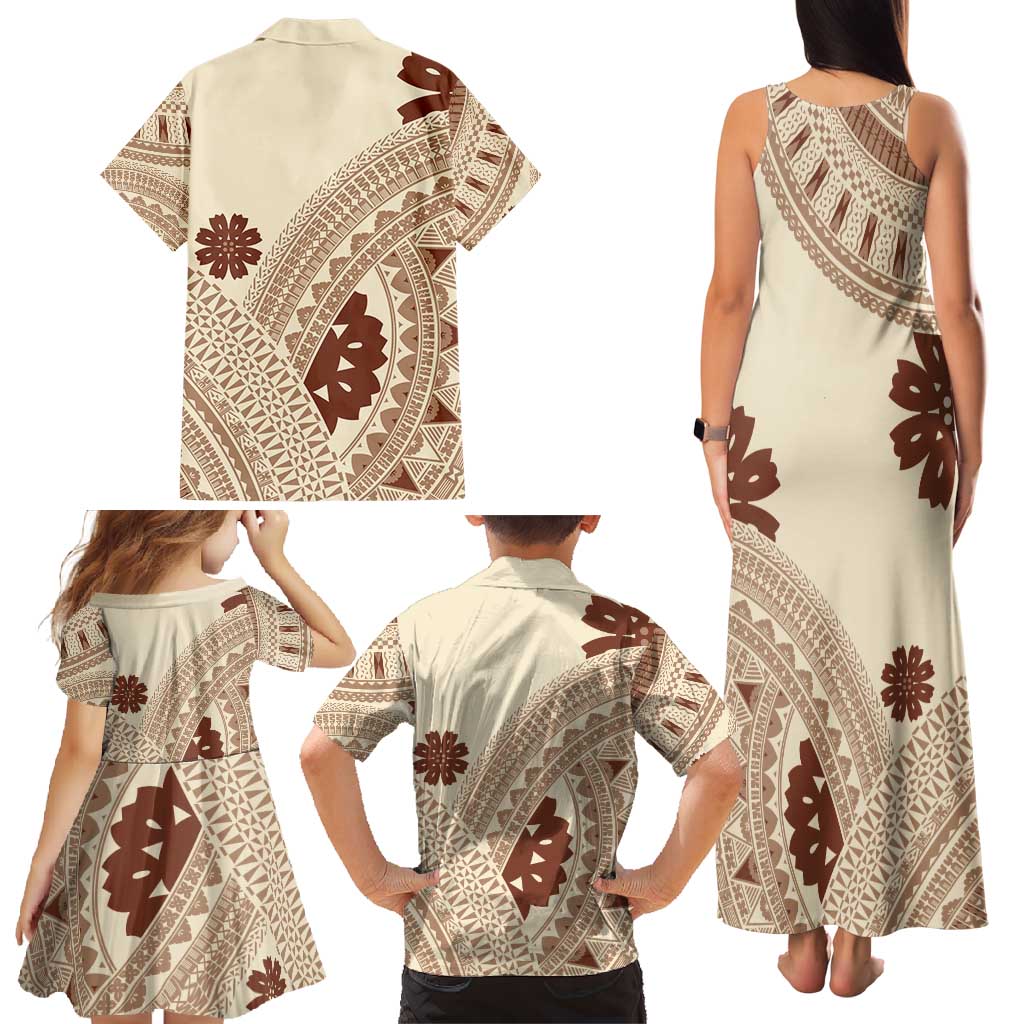 Bula Fiji Classic Masi Tapa Family Matching Tank Maxi Dress and Hawaiian Shirt Vintage Beige - Polynesian Pride