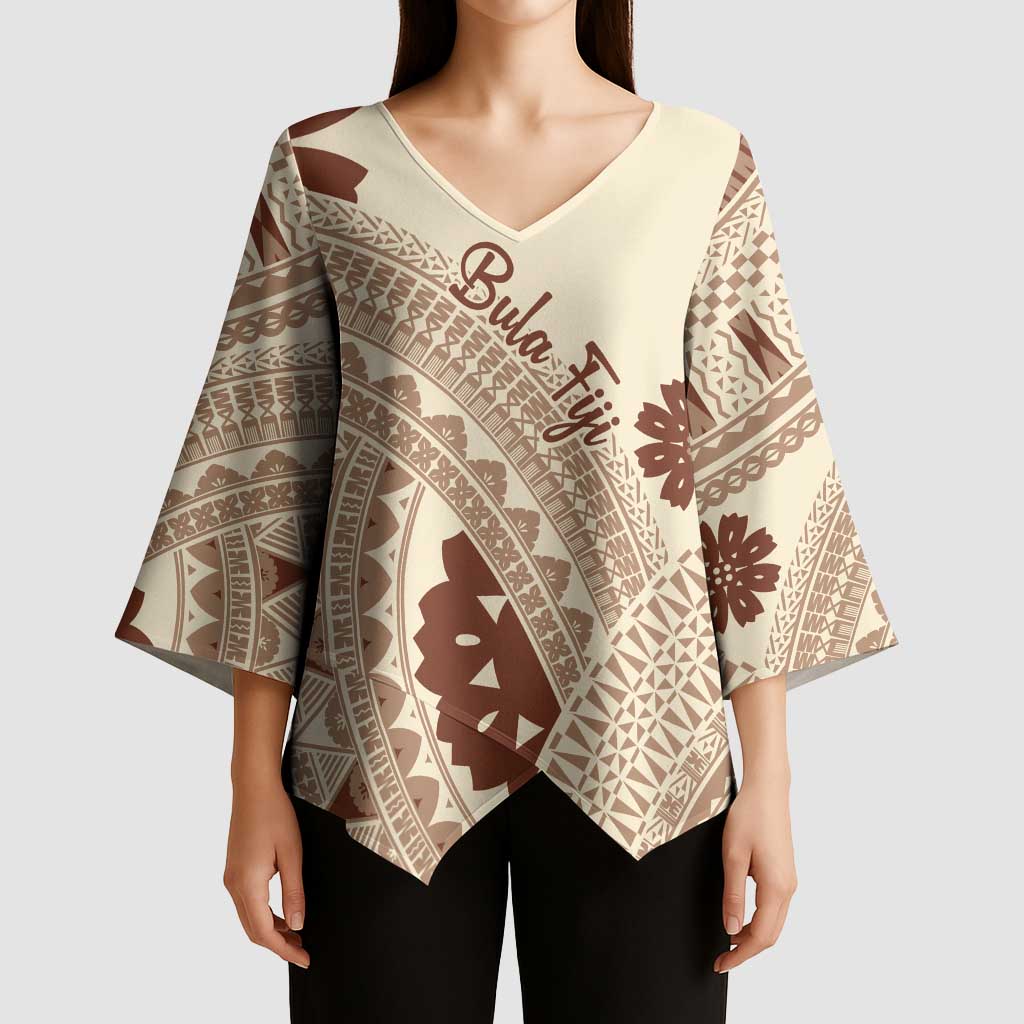 Bula Fiji Classic Masi Tapa Kimono Sleeve Blouse Vintage Beige - Polynesian Pride