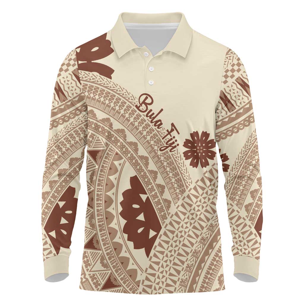 Bula Fiji Classic Masi Tapa Long Sleeve Polo Shirt Vintage Beige - Polynesian Pride