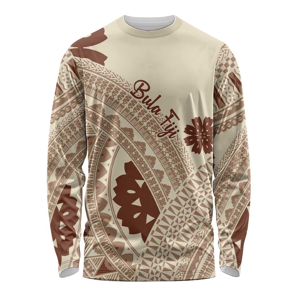 Bula Fiji Classic Masi Tapa Long Sleeve Shirt Vintage Beige - Polynesian Pride