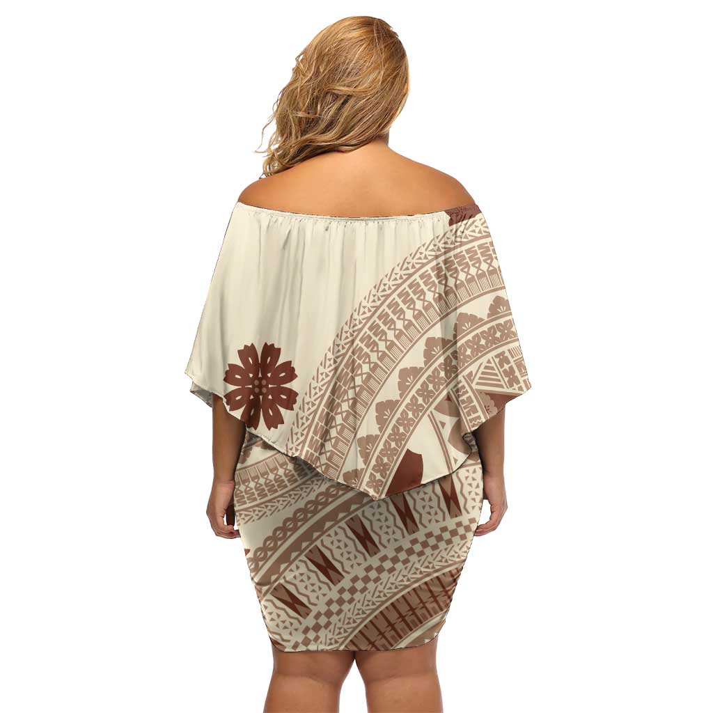 Bula Fiji Classic Masi Tapa Off Shoulder Short Dress Vintage Beige - Polynesian Pride