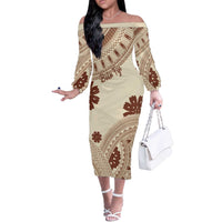 Bula Fiji Classic Masi Tapa Off The Shoulder Long Sleeve Dress Vintage Beige - Polynesian Pride