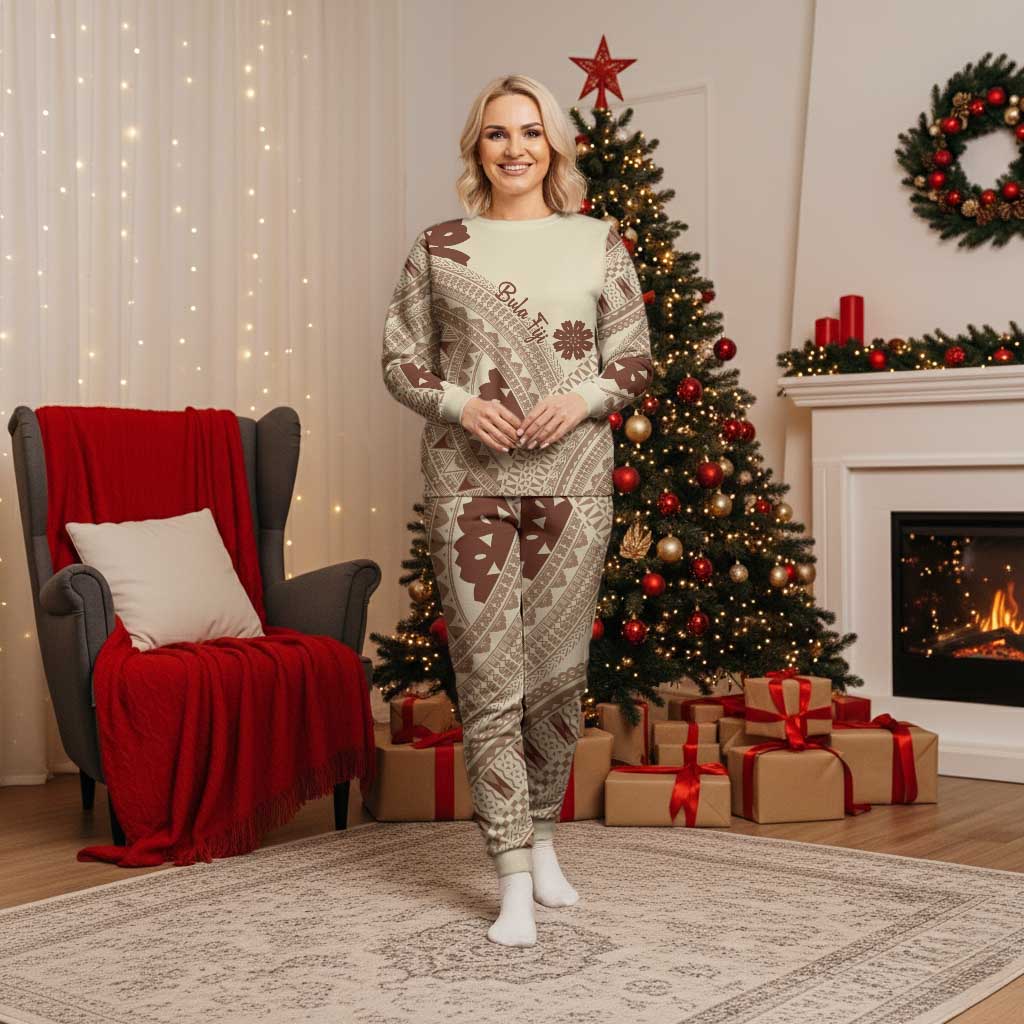 Bula Fiji Classic Masi Tapa Christmas Pajama Set Vintage Beige - Polynesian Pride
