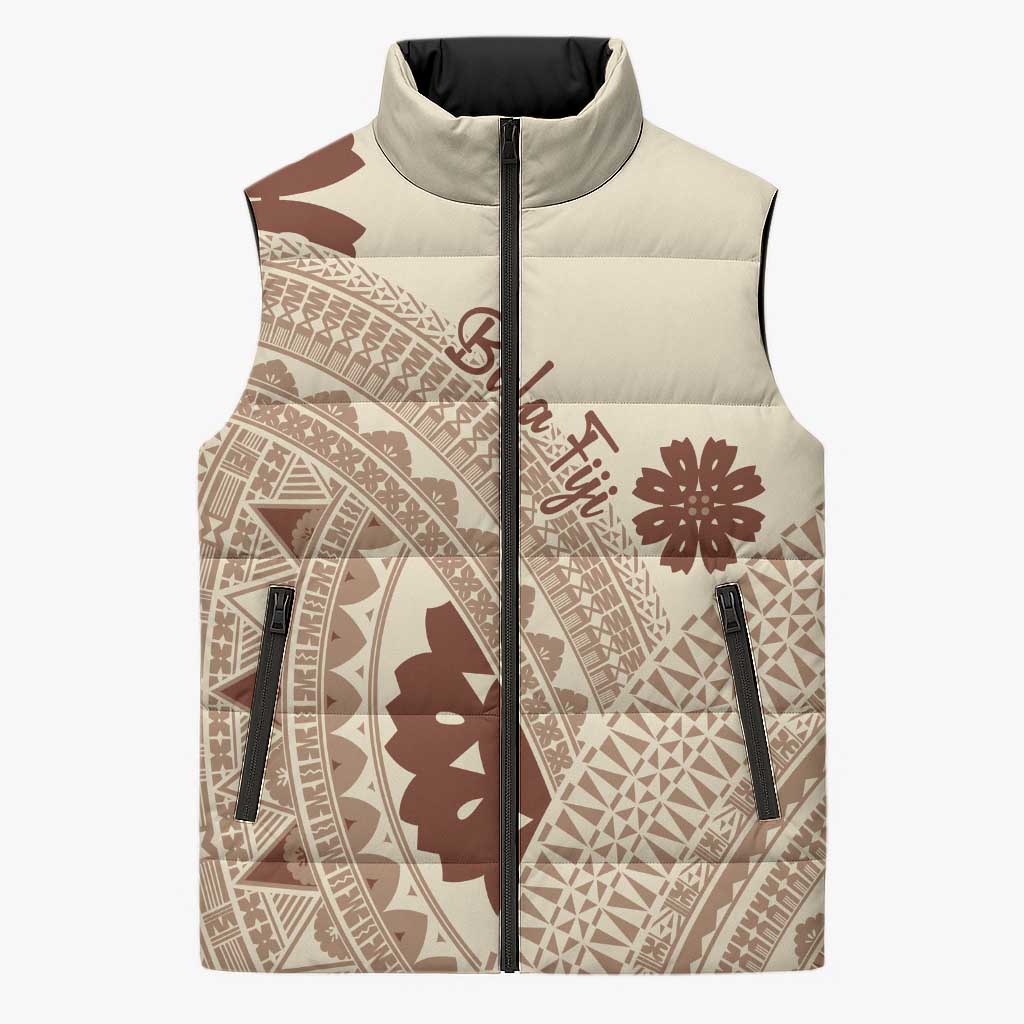 Bula Fiji Classic Masi Tapa Sleeveless Puffer Jacket Vintage Beige - Polynesian Pride