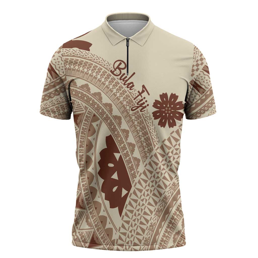 Bula Fiji Classic Masi Tapa Zipper Polo Shirt Vintage Beige - Polynesian Pride