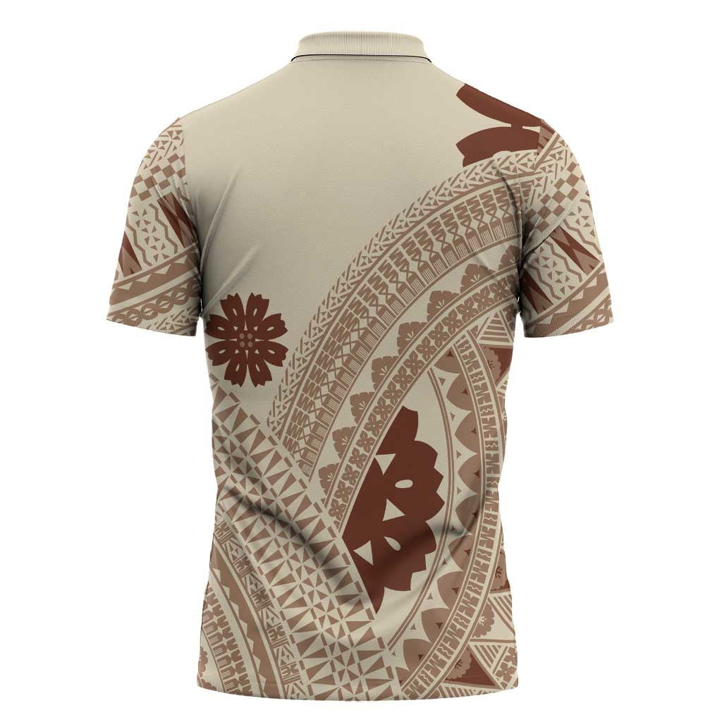 Bula Fiji Classic Masi Tapa Zipper Polo Shirt Vintage Beige - Polynesian Pride