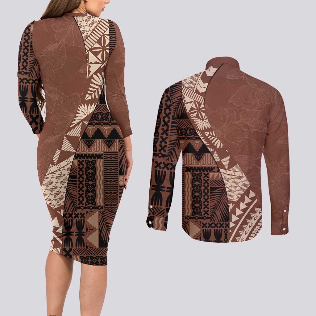 Bula Fiji Couples Matching Long Sleeve Bodycon Dress and Long Sleeve Button Shirt Tribal Masi Tapa - Brown LT7