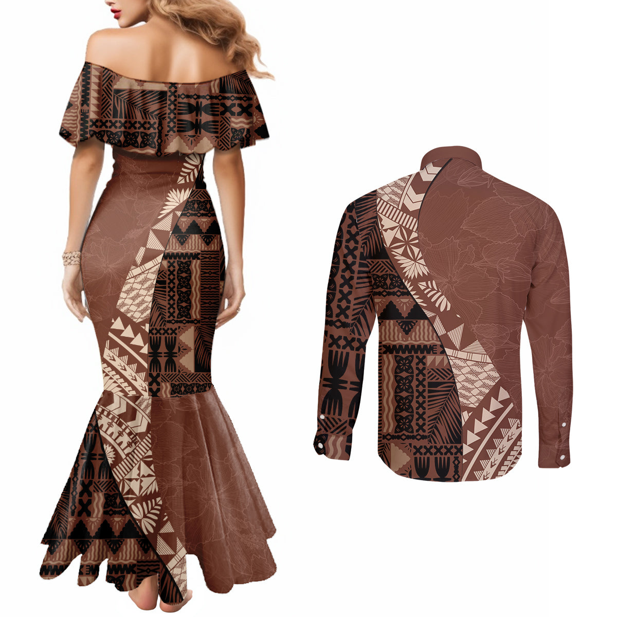 Bula Fiji Couples Matching Mermaid Dress and Long Sleeve Button Shirt Tribal Masi Tapa - Brown LT7 - Polynesian Pride