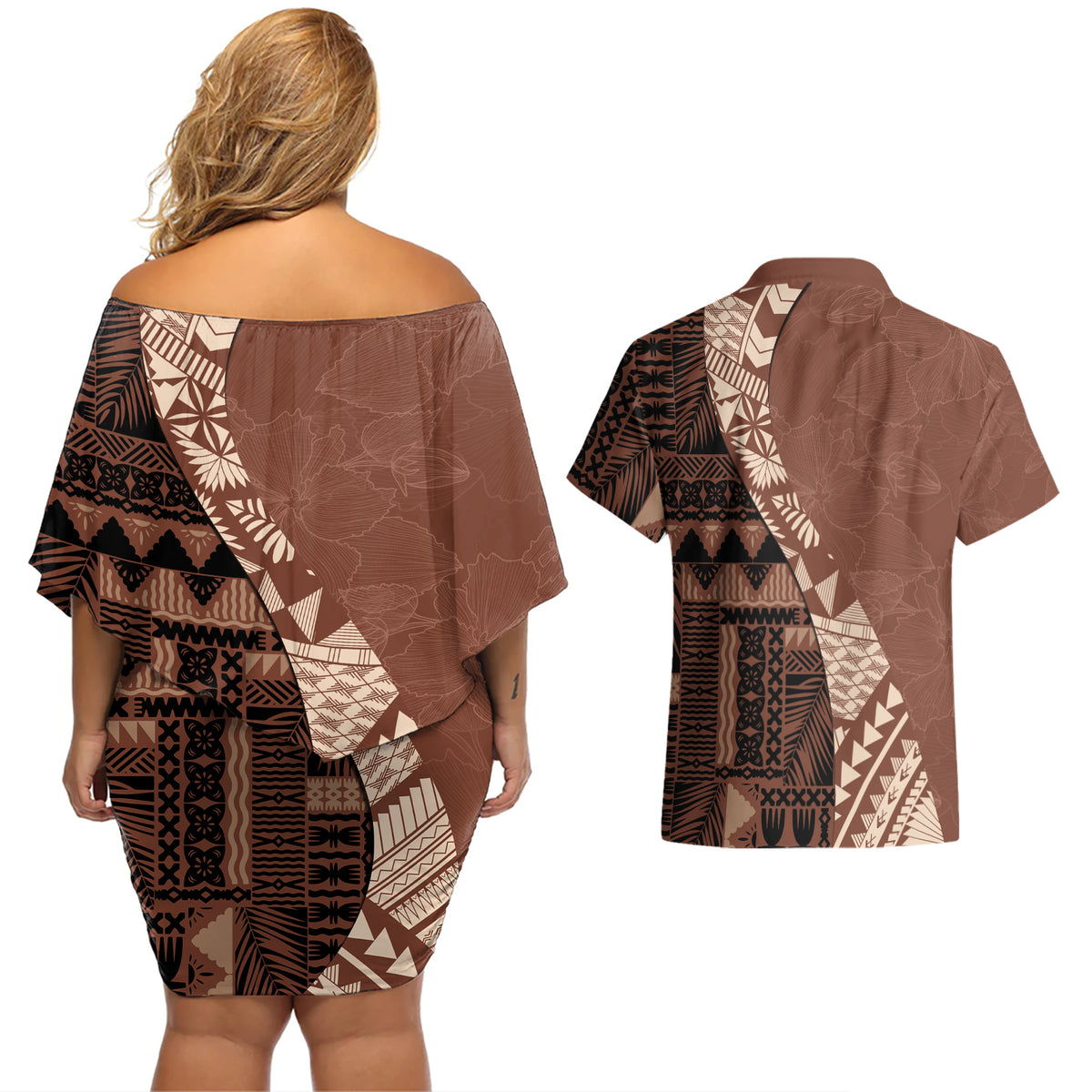 Bula Fiji Couples Matching Off Shoulder Short Dress and Hawaiian Shirt Tribal Masi Tapa - Brown LT7 - Polynesian Pride