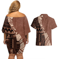 Bula Fiji Couples Matching Off Shoulder Short Dress and Hawaiian Shirt Tribal Masi Tapa - Brown LT7 - Polynesian Pride