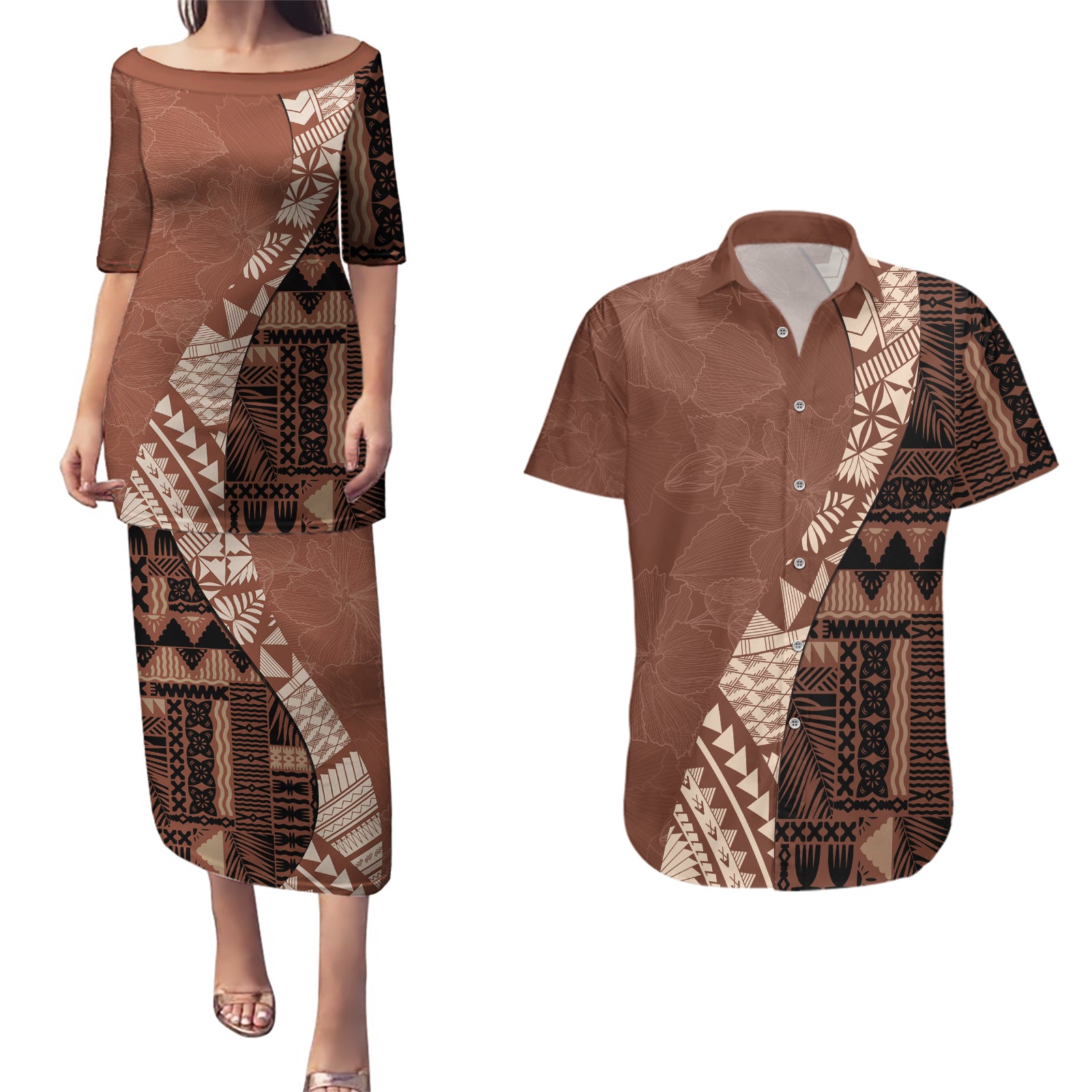 Bula Fiji Couples Matching Puletasi Dress and Hawaiian Shirt Tribal Masi Tapa - Brown LT7 Brown - Polynesian Pride