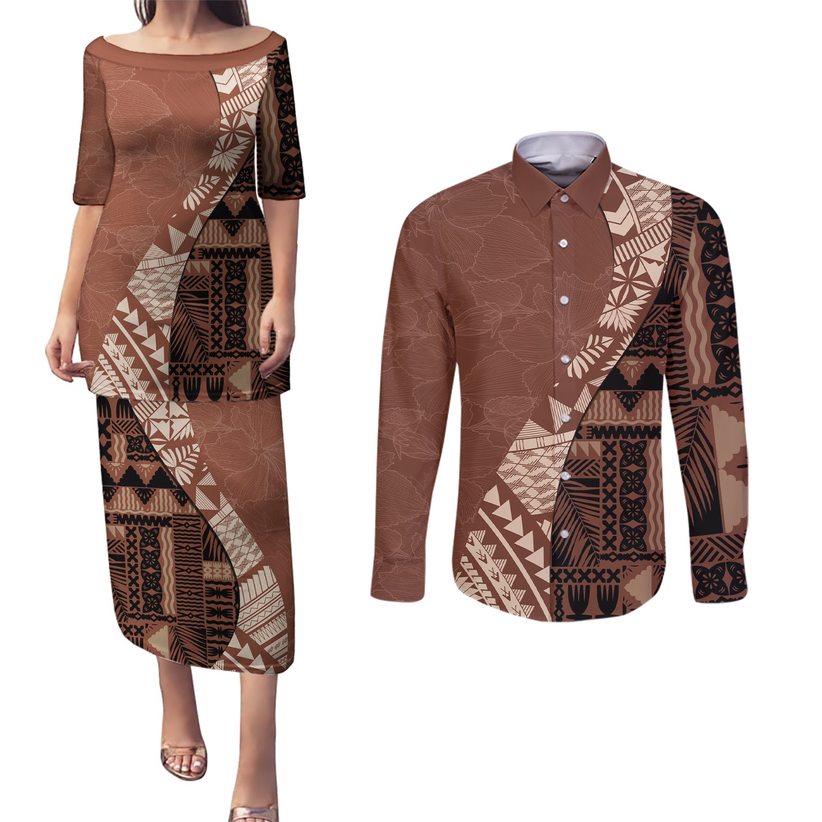 Bula Fiji Couples Matching Puletasi Dress and Long Sleeve Button Shirt Tribal Masi Tapa - Brown LT7 Brown - Polynesian Pride