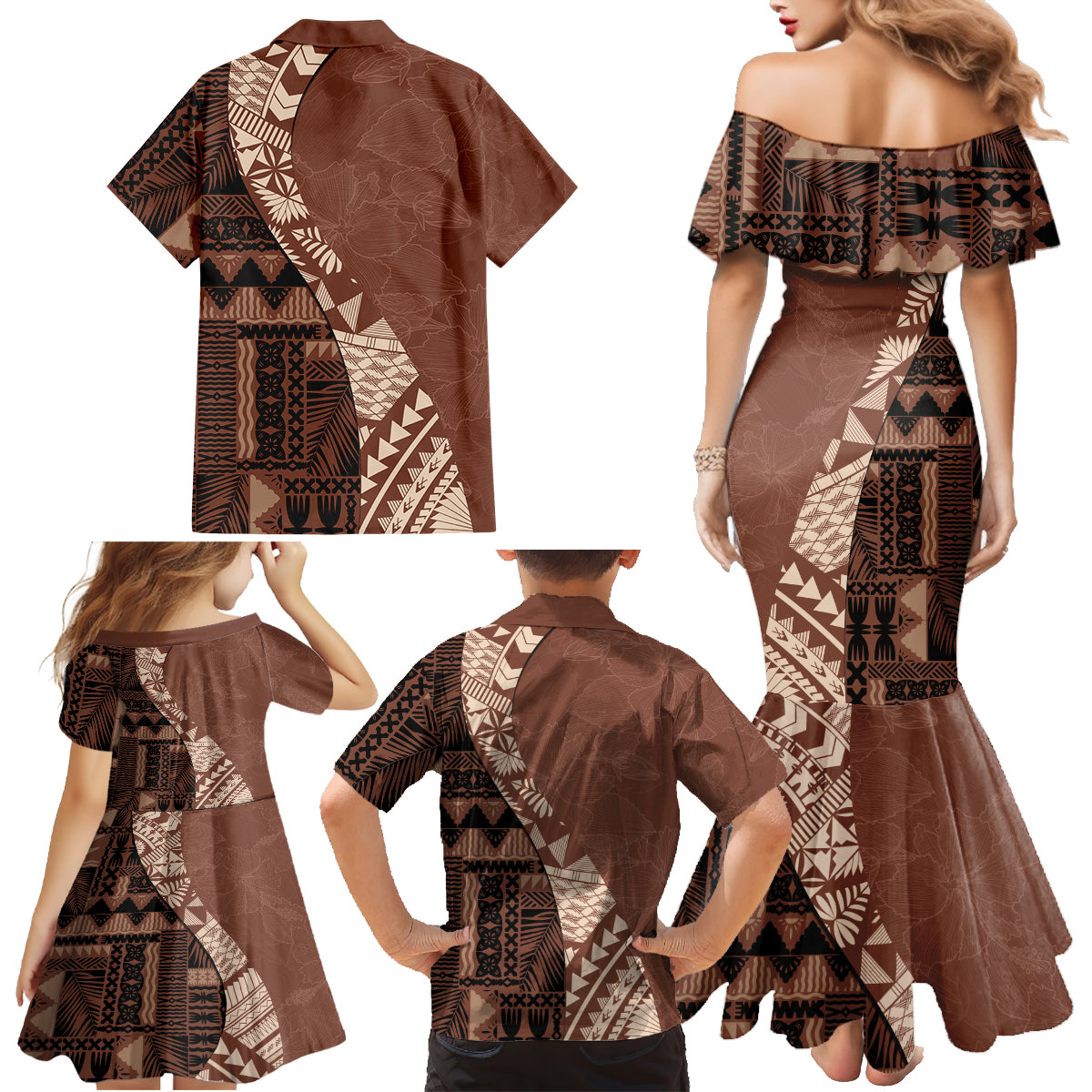 Bula Fiji Family Matching Mermaid Dress and Hawaiian Shirt Tribal Masi Tapa - Brown LT7 - Polynesian Pride