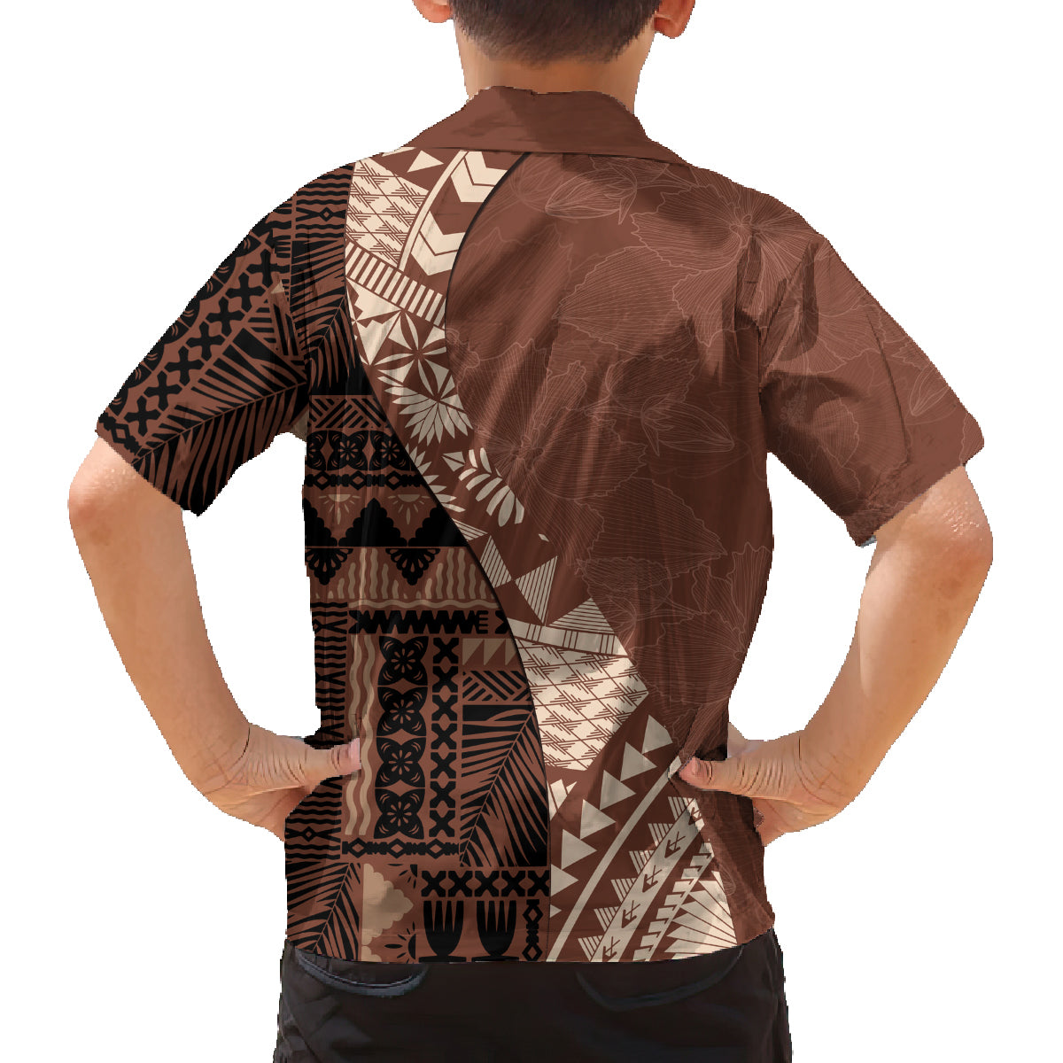 Bula Fiji Family Matching Off Shoulder Long Sleeve Dress and Hawaiian Shirt Tribal Masi Tapa - Brown LT7 - Polynesian Pride
