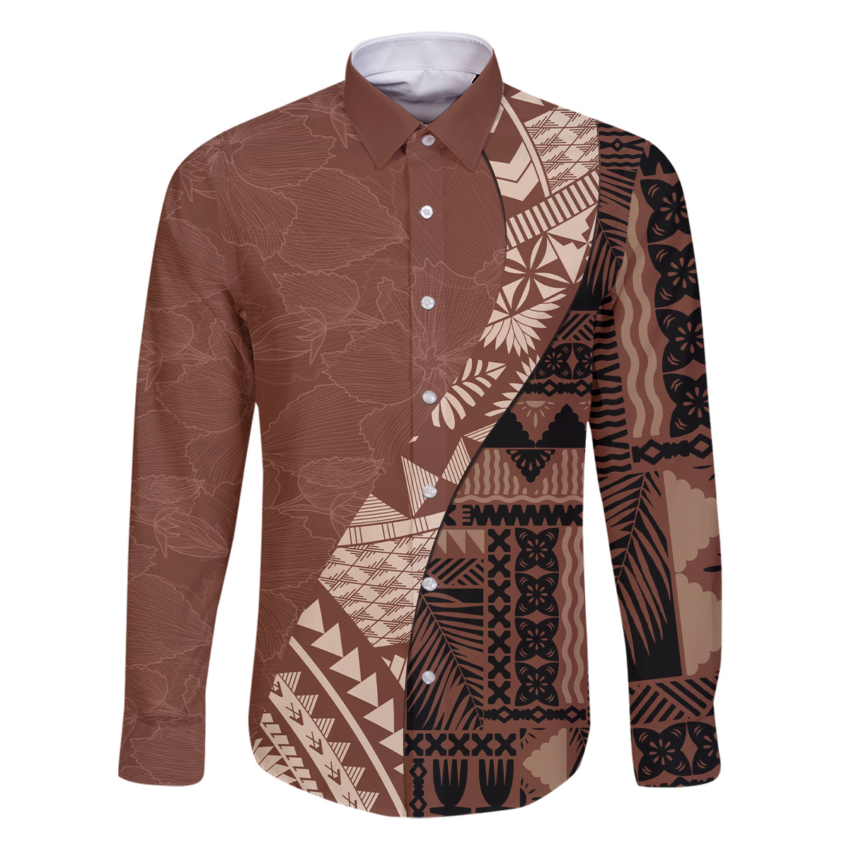 Bula Fiji Family Matching Off Shoulder Maxi Dress and Hawaiian Shirt Tribal Masi Tapa - Brown LT7 Dad's Shirt - Long Sleeve Brown - Polynesian Pride