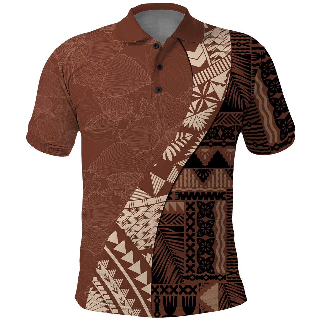 Bula Fiji Polo Shirt Tribal Masi Tapa - Brown LT7 Brown - Polynesian Pride