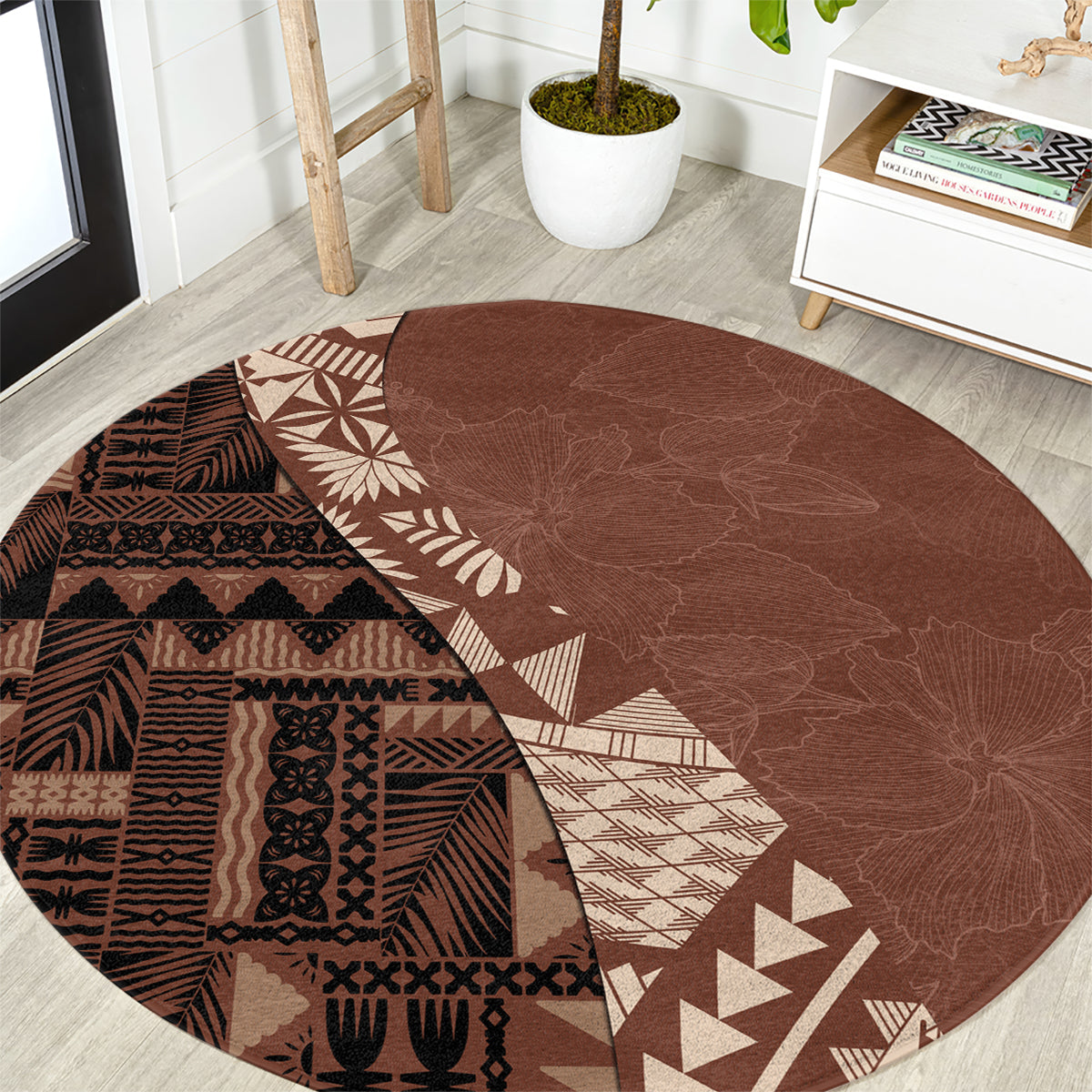 Bula Fiji Round Carpet Tribal Masi Tapa - Brown LT7 Brown - Polynesian Pride