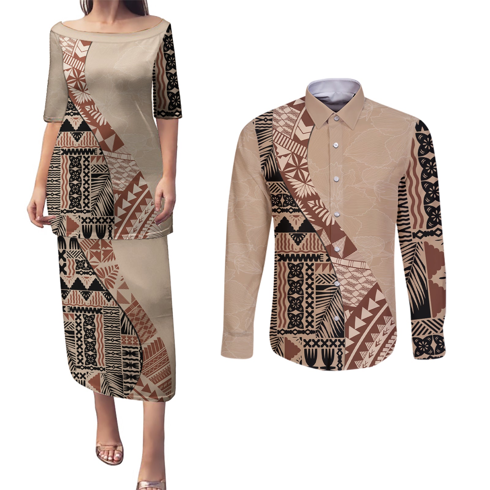 Bula Fiji Couples Matching Puletasi Dress and Long Sleeve Button Shirt Tribal Masi Tapa - Beige LT7 Beige - Polynesian Pride