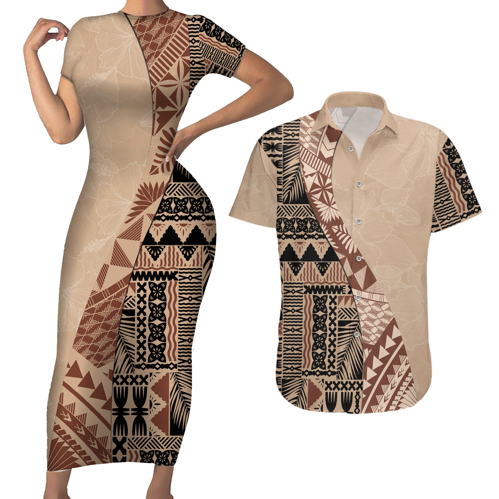 Bula Fiji Couples Matching Short Sleeve Bodycon Dress and Hawaiian Shirt Tribal Masi Tapa - Beige LT7 Beige - Polynesian Pride