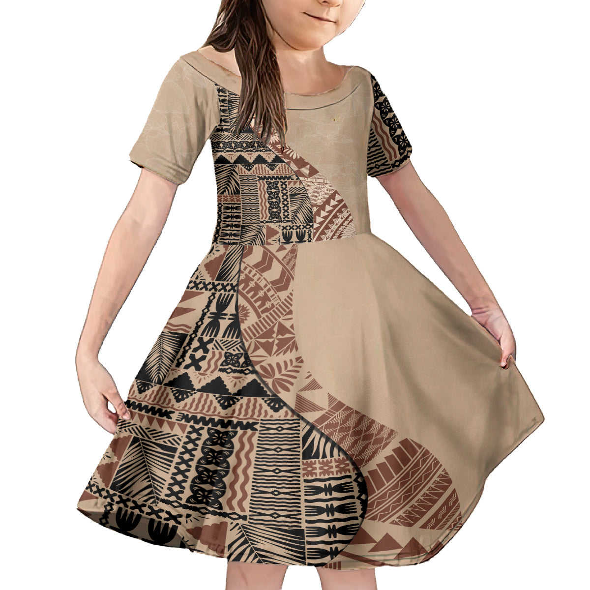 Bula Fiji Family Matching Off Shoulder Short Dress and Hawaiian Shirt Tribal Masi Tapa - Beige LT7 Daughter's Dress Beige - Polynesian Pride