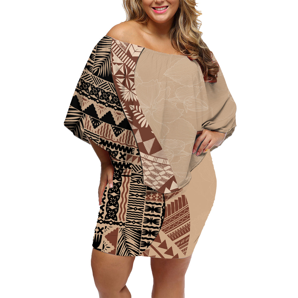 Bula Fiji Off Shoulder Short Dress Tribal Masi Tapa - Beige LT7 Women Beige - Polynesian Pride