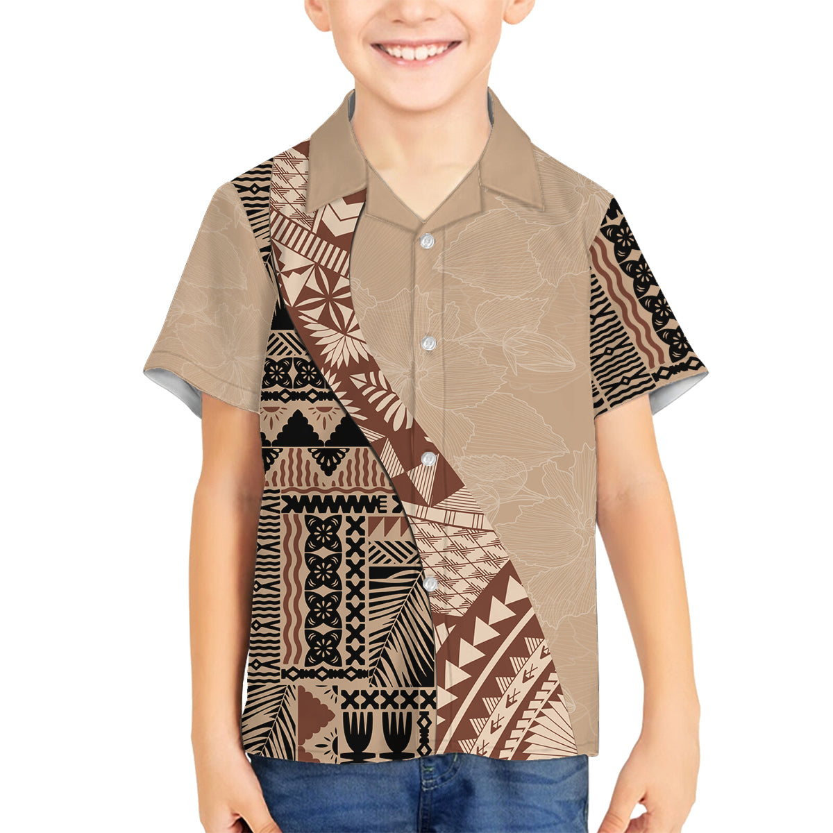 Bula Fiji Family Matching Tank Maxi Dress and Hawaiian Shirt Tribal Masi Tapa - Beige LT7 Son's Shirt Beige - Polynesian Pride